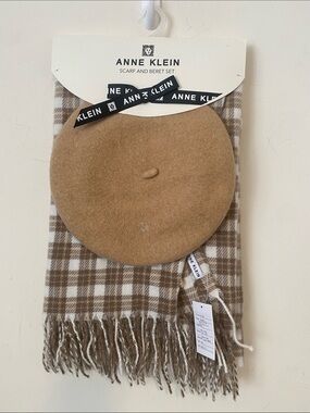 Anne Klein Camel Beret & Plaid Scarf Set